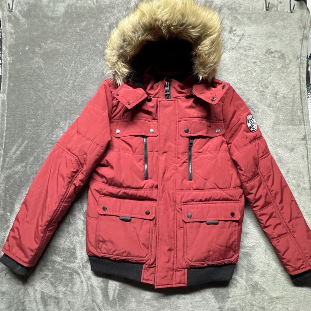 Guess Dustin M Puffer Jacket Red Fleece Lined Hood‎ Parka Back Logo Heavyweight